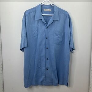 Tommy Bahama Camp Shirt Mens Large Blue 100% Silk Short Sleeve Button Up